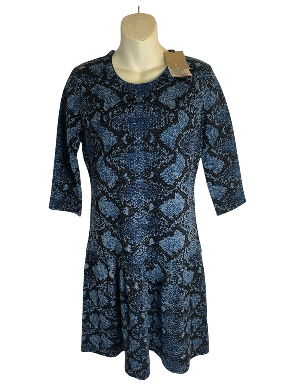 Burberry Rivermersey Long Sleeve Merino Wool Dress Blue Snake Print Size Small